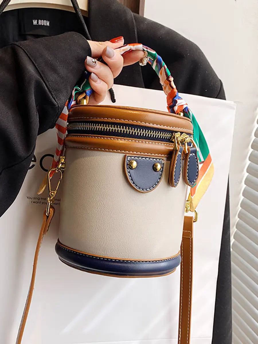 Colorblocked cylindrical bag 2025 new niche design retro handbag messenger bag FairWonder