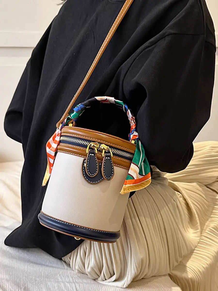 Colorblocked cylindrical bag 2025 new niche design retro handbag messenger bag FairWonder