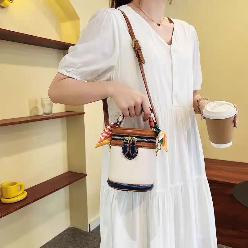 Colorblocked cylindrical bag 2025 new niche design retro handbag messenger bag FairWonder