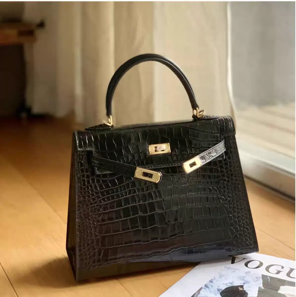 High-end crocodile pattern top layer cowhide shoulder crossbody handbag FairWonder