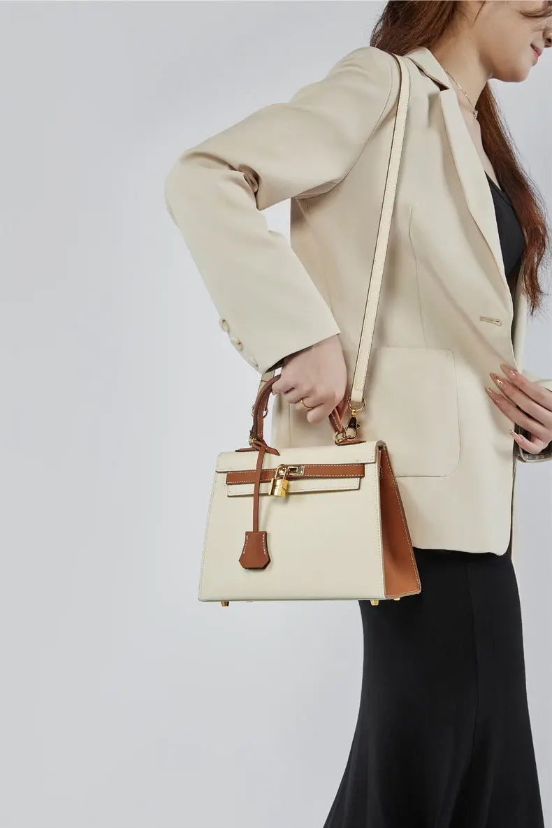 Large capacity platinum retro fashion handbag Kelly contrast color bag, one shoulder diagonal versatile handbag FairWonder